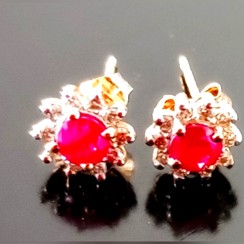 14kt Solid Gold Ear Studs 8mm Wide, Ruby 4mm, Sur… - image 1